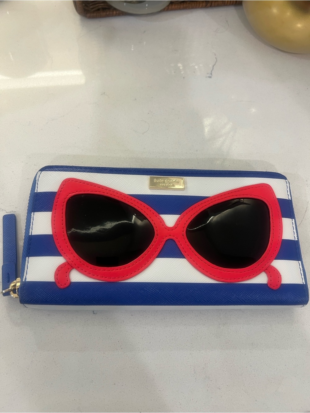 kate spade Blue White Striped Wallet with Pink Sunglasses Detail. Like new /NWOT